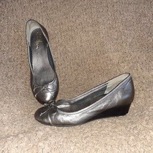 COLE HAAN-Tali-Metallic Pewter Shiny Leather Wedge